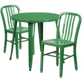 Commercial Grade 30" Round Green Metal Indoor-Outdoor Table Set with 2 Vertical Slat Back Chairs, CH-51090TH-2-18VRT-GN-GG