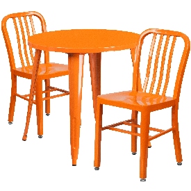 Commercial Grade 30" Round Orange Metal Indoor-Outdoor Table Set with 2 Vertical Slat Back Chairs, CH-51090TH-2-18VRT-OR-GG
