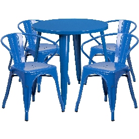 Commercial Grade 30" Round Blue Metal Indoor-Outdoor Table Set with 4 Arm Chairs, CH-51090TH-4-18ARM-BL-GG