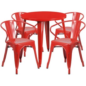 Commercial Grade 30" Round Red Metal Indoor-Outdoor Table Set with 4 Arm Chairs, CH-51090TH-4-18ARM-RED-GG