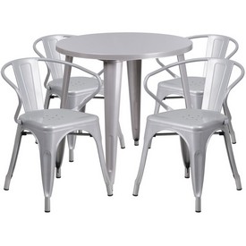Commercial Grade 30" Round Silver Metal Indoor-Outdoor Table Set with 4 Arm Chairs, CH-51090TH-4-18ARM-SIL-GG