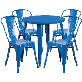 Commercial Grade 30" Round Blue Metal Indoor-Outdoor Table Set with 4 Cafe Chairs, CH-51090TH-4-18CAFE-BL-GG