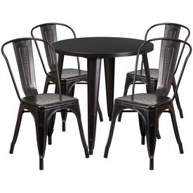 Commercial Grade 30" Round Black-Antique Gold Metal Indoor-Outdoor Table Set with 4 Cafe Chairs, CH-51090TH-4-18CAFE-BQ-GG