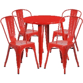Commercial Grade 30" Round Red Metal Indoor-Outdoor Table Set with 4 Cafe Chairs, CH-51090TH-4-18CAFE-RED-GG