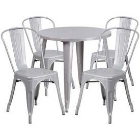 Commercial Grade 30" Round Silver Metal Indoor-Outdoor Table Set with 4 Cafe Chairs, CH-51090TH-4-18CAFE-SIL-GG