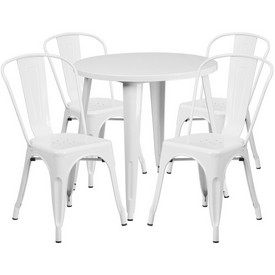 Commercial Grade 30" Round White Metal Indoor-Outdoor Table Set with 4 Cafe Chairs, CH-51090TH-4-18CAFE-WH-GG