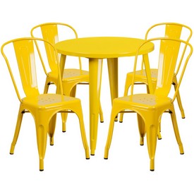 Commercial Grade 30" Round Yellow Metal Indoor-Outdoor Table Set with 4 Cafe Chairs, CH-51090TH-4-18CAFE-YL-GG