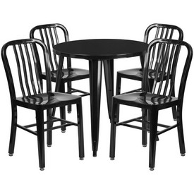 Commercial Grade 30" Round Black Metal Indoor-Outdoor Table Set with 4 Vertical Slat Back Chairs, CH-51090TH-4-18VRT-BK-GG