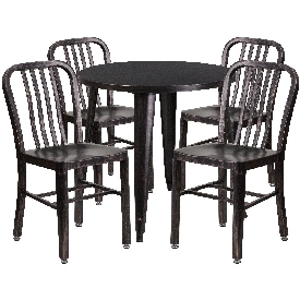 Commercial Grade 30" Round Black-Antique Gold Metal Indoor-Outdoor Table Set with 4 Vertical Slat Back Chairs