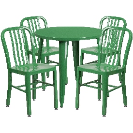 Commercial Grade 30" Round Green Metal Indoor-Outdoor Table Set with 4 Vertical Slat Back Chairs, CH-51090TH-4-18VRT-GN-GG
