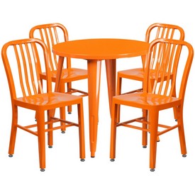 Commercial Grade 30" Round Orange Metal Indoor-Outdoor Table Set with 4 Vertical Slat Back Chairs, CH-51090TH-4-18VRT-OR-GG