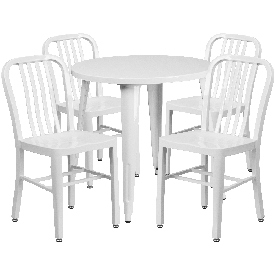 Commercial Grade 30" Round White Metal Indoor-Outdoor Table Set with 4 Vertical Slat Back Chairs, CH-51090TH-4-18VRT-WH-GG