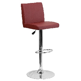 Contemporary Burgundy Vinyl Adjustable Height Barstool with Panel Back and Chrome Base, CH-92066-BURG-GG