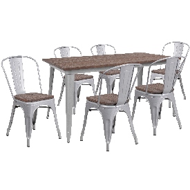 30.25" x 60" Silver Metal Table Set with Wood Top and 6 Stack Chairs, CH-WD-TBCH-14-GG