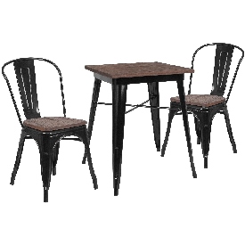 23.5" Square Black Metal Table Set with Wood Top and 2 Stack Chairs, CH-WD-TBCH-15-GG