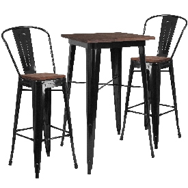 23.5" Square Black Metal Bar Table Set with Wood Top and 2 Stools, CH-WD-TBCH-16-GG
