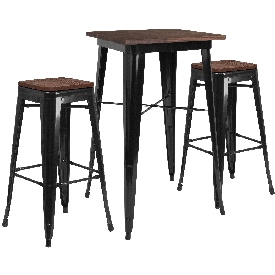 23.5" Square Black Metal Bar Table Set with Wood Top and 2 Backless Stools, CH-WD-TBCH-17-GG