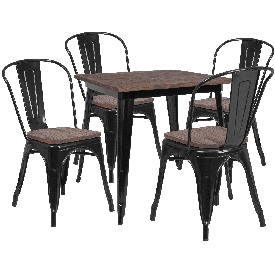 31.5" Square Black Metal Table Set with Wood Top and 4 Stack Chairs, CH-WD-TBCH-18-GG