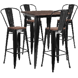 31.5" Square Black Metal Bar Table Set with Wood Top and 4 Stools, CH-WD-TBCH-19-GG