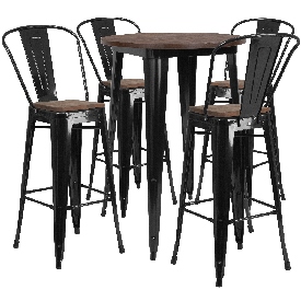 30" Round Black Metal Bar Table Set with Wood Top and 4 Stools, CH-WD-TBCH-25-GG