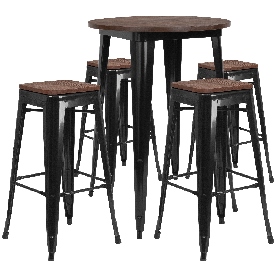 30" Round Black Metal Bar Table Set with Wood Top and 4 Backless Stools, CH-WD-TBCH-26-GG