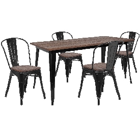 30.25" x 60" Black Metal Table Set with Wood Top and 4 Stack Chairs, CH-WD-TBCH-27-GG