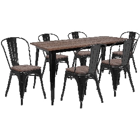 30.25" x 60" Black Metal Table Set with Wood Top and 6 Stack Chairs, CH-WD-TBCH-28-GG