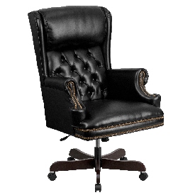 High Back Traditional Tufted Black LeatherSoft Executive Ergonomic Office Chair with Oversized Headrest & Nail Trim Arms