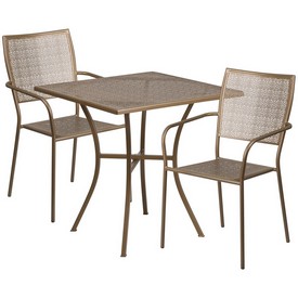 Commercial Grade 28" Square Gold Indoor-Outdoor Steel Patio Table Set with 2 Square Back Chairs, CO-28SQ-02CHR2-GD-GG
