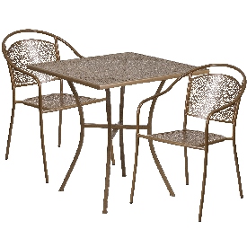 Commercial Grade 28" Square Gold Indoor-Outdoor Steel Patio Table Set with 2 Round Back Chairs, CO-28SQ-03CHR2-GD-GG