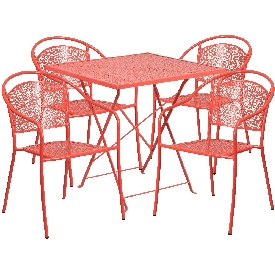 Commercial Grade 28" Square Coral Indoor-Outdoor Steel Folding Patio Table Set with 4 Round Back Chairs, CO-28SQF-03CHR4-RED-GG
