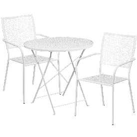 Commercial Grade 30" Round White Indoor-Outdoor Steel Folding Patio Table Set with 2 Square Back Chairs, CO-30RDF-02CHR2-WH-GG