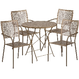 Commercial Grade 30" Round Gold Indoor-Outdoor Steel Folding Patio Table Set with 4 Square Back Chairs, CO-30RDF-02CHR4-GD-GG