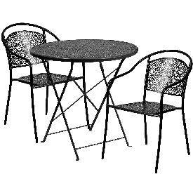 Commercial Grade 30" Round Black Indoor-Outdoor Steel Folding Patio Table Set with 2 Round Back Chairs, CO-30RDF-03CHR2-BK-GG