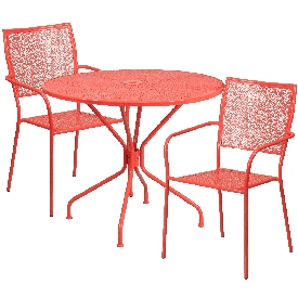 Commercial Grade 35.25" Round Coral Indoor-Outdoor Steel Patio Table Set with 2 Square Back Chairs, CO-35RD-02CHR2-RED-GG