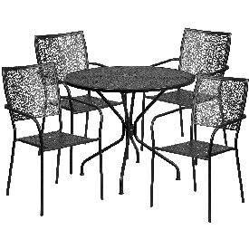 Commercial Grade 35.25" Round Black Indoor-Outdoor Steel Patio Table Set with 4 Square Back Chairs, CO-35RD-02CHR4-BK-GG