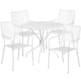 Commercial Grade 35.25" Round White Indoor-Outdoor Steel Patio Table Set with 4 Square Back Chairs, CO-35RD-02CHR4-WH-GG