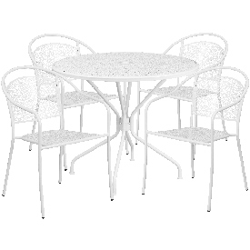 Commercial Grade 35.25" Round White Indoor-Outdoor Steel Patio Table Set with 4 Round Back Chairs, CO-35RD-03CHR4-WH-GG