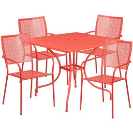Commercial Grade 35.5" Square Coral Indoor-Outdoor Steel Patio Table Set with 4 Square Back Chairs, CO-35SQ-02CHR4-RED-GG
