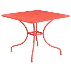 Commercial Grade 35.5" Square Coral Indoor-Outdoor Steel Patio Table, CO-6-RED-GG