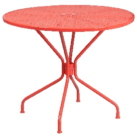 Commercial Grade 35.25" Round Coral Indoor-Outdoor Steel Patio Table, CO-7-RED-GG