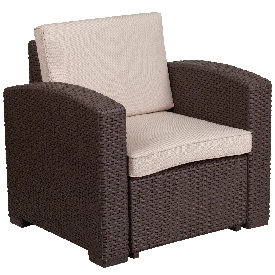 Chocolate Brown Faux Rattan Chair with All-Weather Beige Cushion, DAD-SF1-1-GG Chocolate Brown Faux Rattan Chair with All-Weather Beige Cushion, DAD-SF1-1-GG