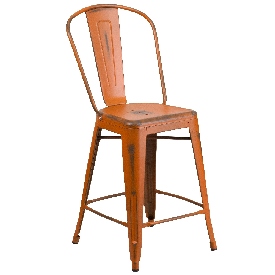 Commercial Grade 24" High Distressed Orange Metal Indoor-Outdoor Counter Height Stool with Back, ET-3534-24-OR-GG Commercial Grade 24" High Distressed Orange Metal Indoor-Outdoor Counter Height Stool with Back, ET-3534-24-OR-GG