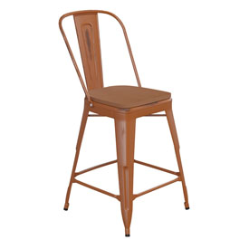 Carly Commercial Grade 24" High Orange Metal Indoor-Outdoor Counter Height Stool with Back with Teak Poly Resin Wood Seat, ET-3534-24-OR-PL1T-GG Carly Commercial Grade 24" High Orange Metal Indoor-Outdoor Counter Height Stool with Back with Teak Poly Resin Wood Seat, ET-3534-24-OR-PL1T-GG