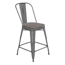 Carly Commercial Grade 24" High Silver Gray Metal Indoor-Outdoor Counter Height Stool with Back with Gray Poly Resin Wood Seat, ET-3534-24-SIL-PL1G-GG Carly Commercial Grade 24" High Silver Gray Metal Indoor-Outdoor Counter Height Stool with Back with Gray Poly Resin Wood Seat, ET-3534-24-SIL-PL1G-GG