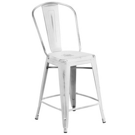 Commercial Grade 24" High Distressed White Metal Indoor-Outdoor Counter Height Stool with Back, ET-3534-24-WH-GG Commercial Grade 24" High Distressed White Metal Indoor-Outdoor Counter Height Stool with Back, ET-3534-24-WH-GG