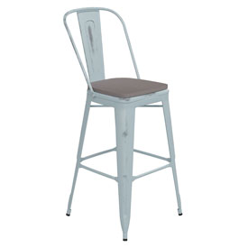 Carly Commercial Grade 30" High Green-Blue Metal Indoor-Outdoor Barstool with Back with Gray Poly Resin Wood Seat, ET-3534-30-DB-PL1G-GG