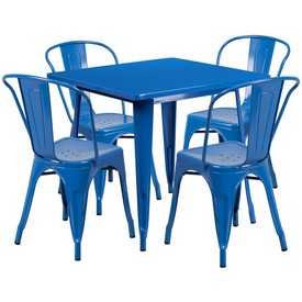 Commercial Grade 31.5" Square Blue Metal Indoor-Outdoor Table Set with 4 Stack Chairs, ET-CT002-4-30-BL-GG