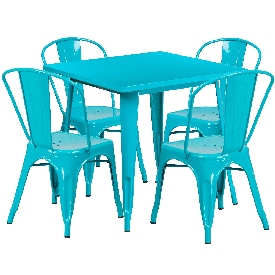 Commercial Grade 31.5" Square Crystal Teal-Blue Metal Indoor-Outdoor Table Set with 4 Stack Chairs, ET-CT002-4-30-CB-GG