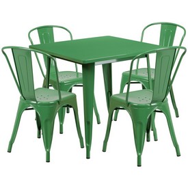 Commercial Grade 31.5" Square Green Metal Indoor-Outdoor Table Set with 4 Stack Chairs, ET-CT002-4-30-GN-GG